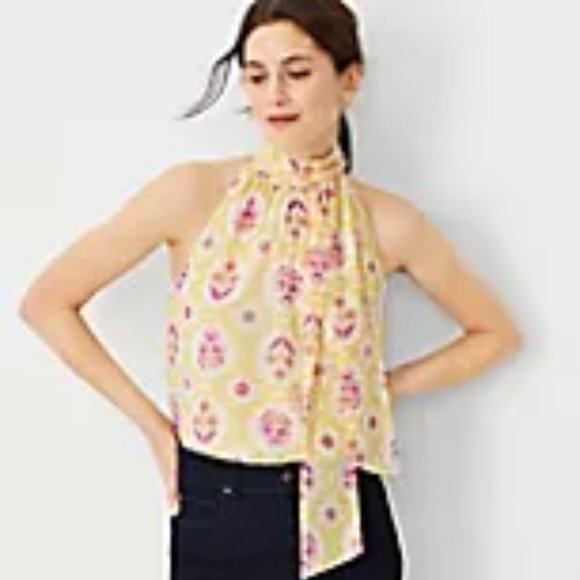 Ann Taylor Bow Tie Shimmer Halter Top Purple,‎ Yellow, White Sz L- NWT - Picture 1 of 11
